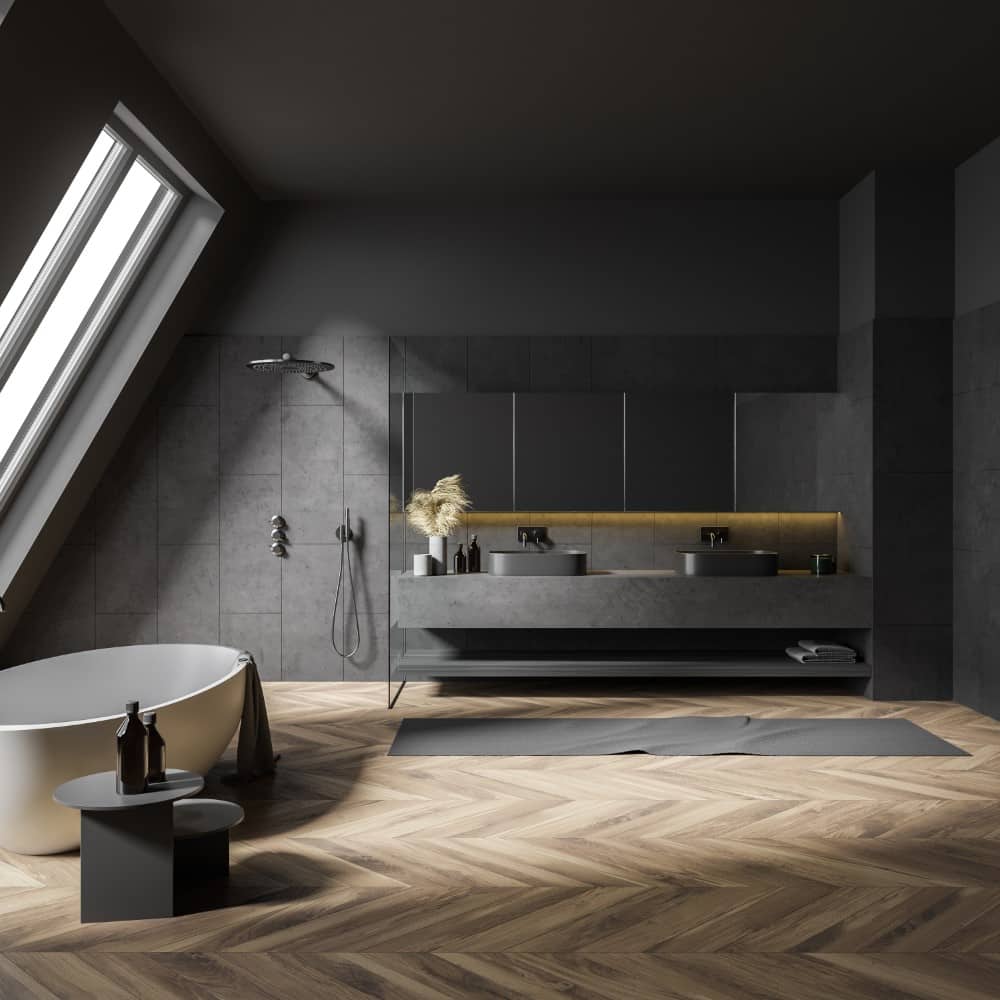 Attic gray bathroom interior with tub and sink