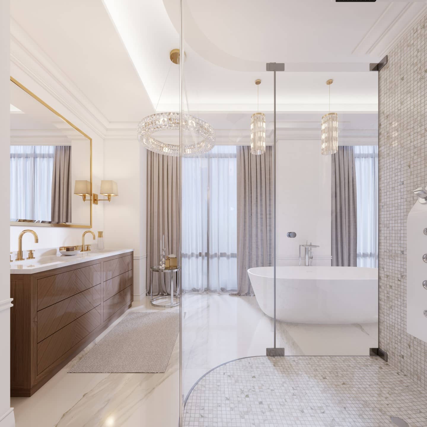Modern bathroom with vanity and a mirror in a gold frame with sc