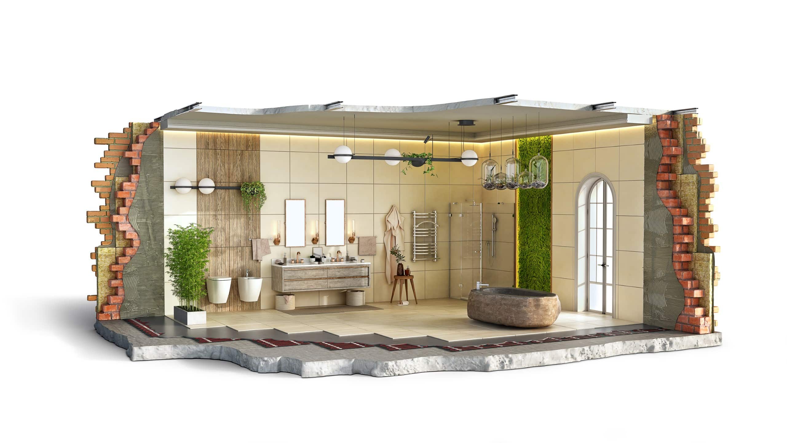 Part of bathroom ripped out of interior, 3d illustration