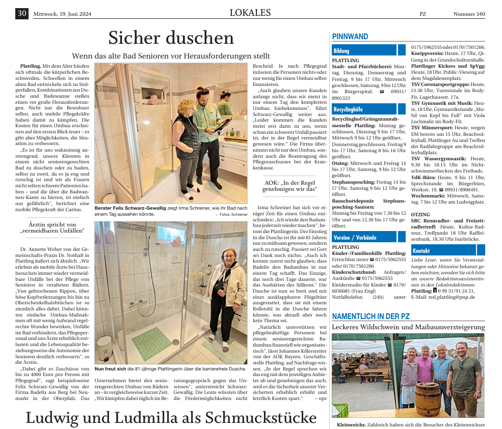 Sicher Duschen von Wanne zur Dusche in 24 Stunden Zeitungsartikel