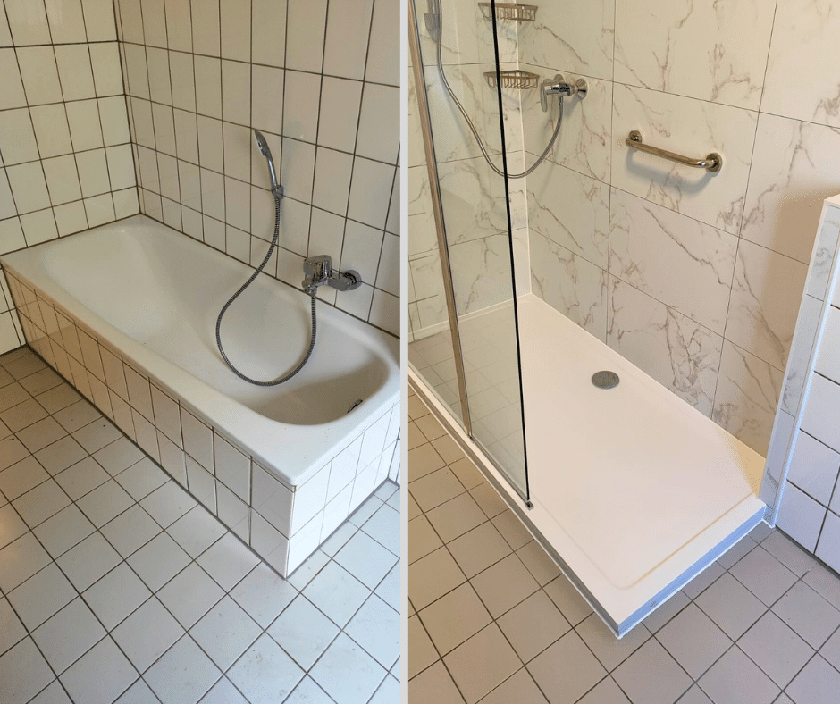 Vorher-Nachher-Bild eines Badumbaus: Alte, enge Duschkabine links, moderne und geräumige Dusche rechts