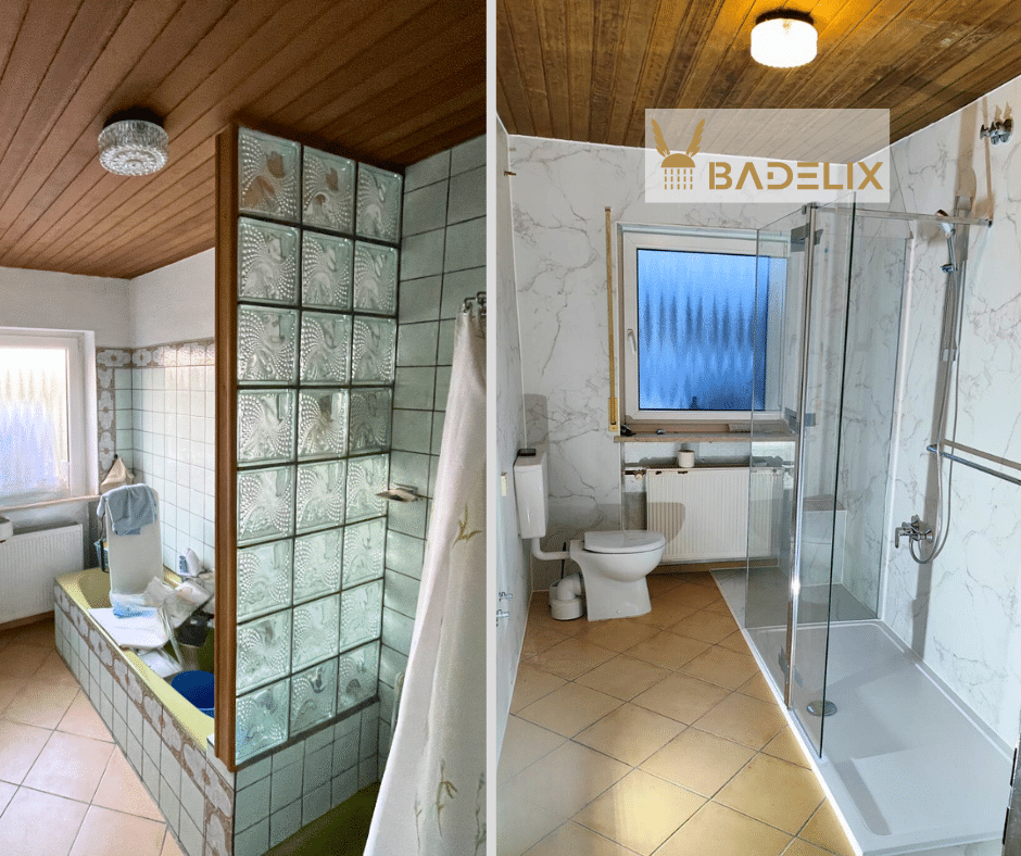 Vorher-Nachher-Bild eines Badumbaus: Alte, enge Duschkabine links, moderne und geräumige Dusche rechts